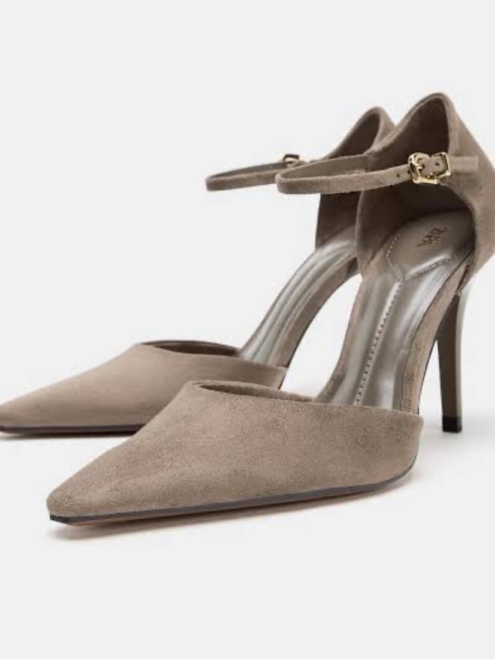 Zara Taupe Suede Pointed-Toe Ankle-Strap Heels